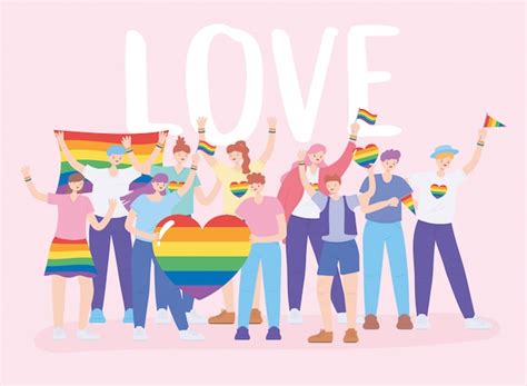 comunidade lgbtq grupo diversificado de pessoas com bandeiras de arco íris e coração desfile