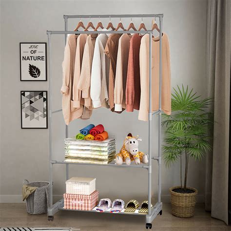 61 Inch 2 Layer Rolling Clothes Rack With Wheels Simple Clothes