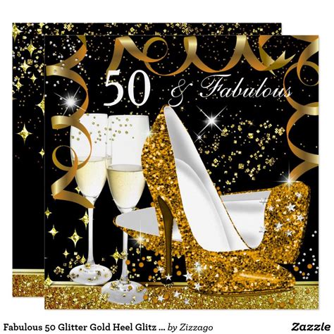 Fabulous 50 Glitter Gold Heel Glitz Glam Party Card Black And Gold 50