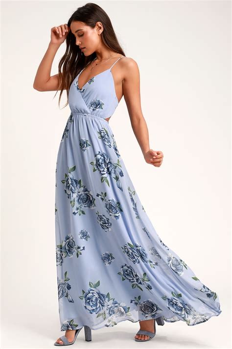 Cute Light Blue Floral Print Dress Maxi Dress Backless Dress Lulus