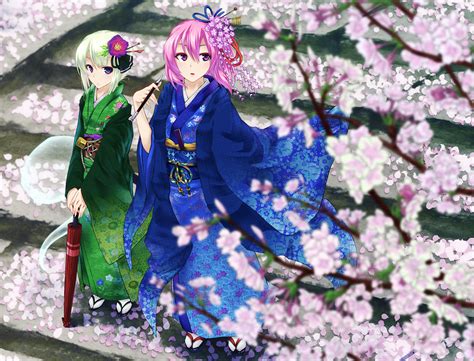 2girls Blue Eyes Cherry Blossoms Din Flypaper Fan Flowers Green Hair