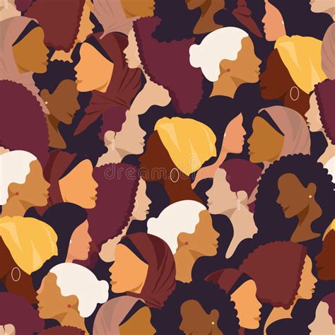 Female Diverse Faces Of Different Ethnicity Vector Seamless Drawing