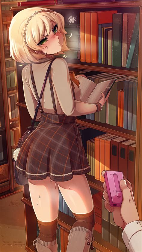 Rule 34 1girls Blonde Hair Blush Book Bookshelf Clothed Masturbation