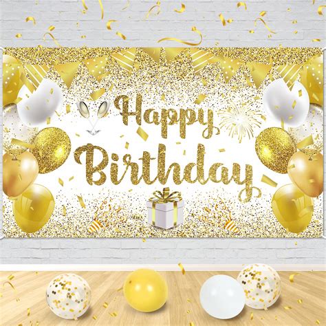 Buy Gold White Birthday Party Decorations Banner Gold And White Happy Birthday Backdrop Banner