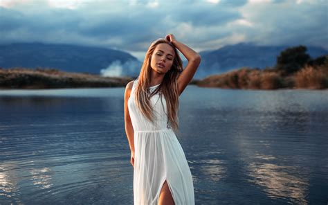 Women Model Maria Puchnina White Dress Closed Eyes Dress Standing Hand