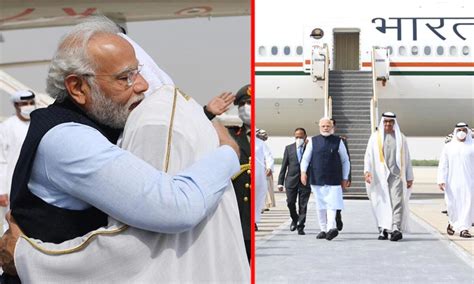 pm modi reaches uae pm modi reached uae and was welcomed by president nahyan with a hug