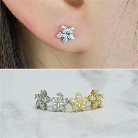 Tiny Flower Cubic Stud Earrings Small Dainty Flower Studs Tiny Etsy