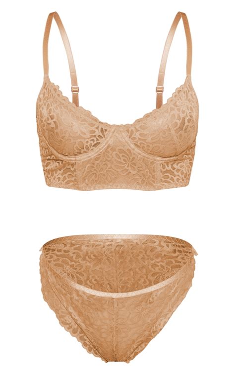 Tan Floral Scalloped Edge Lace Longline Bra And Panties Set