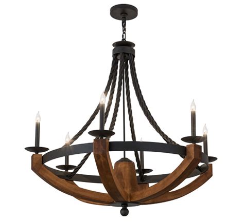Wrought iron chandeliers bode well with modern spaces that employ an industrial theme characterized by dark metal finishes with a black patina and with rustic appeal. Rustic Doyle 6 LT Large Wood and Iron Chandelier | Grand Light