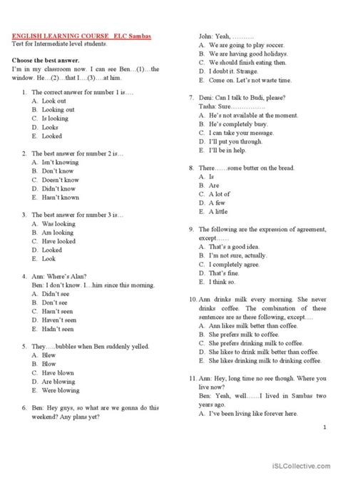A Test For Intermediate Leve English Esl Worksheets Pdf And Doc