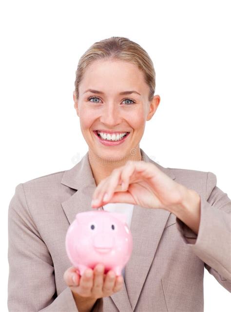 Businesswoman Saving Money In A Piggy Bank Stock Photo Image Of Piggy