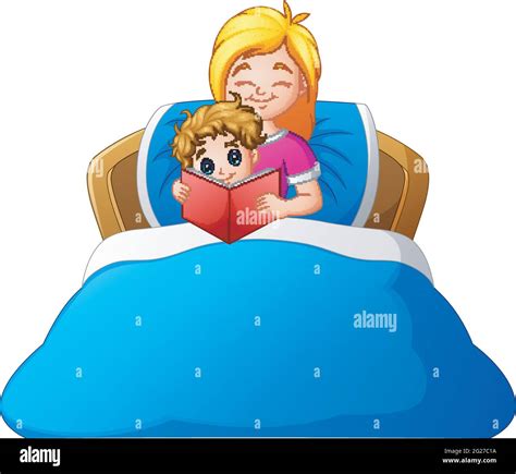 Cartoon Mother Reading Bedtime Story To Son On Bed Stock Vector Image