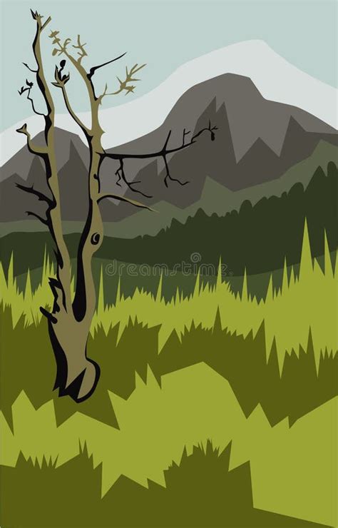 Mid Mountain Landscape With Dried Tree Stock Illustration