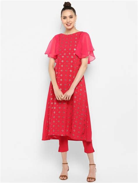 Buy Janasya Women Pink Foil Print Poly Crepe Kurta Suit Set Online At