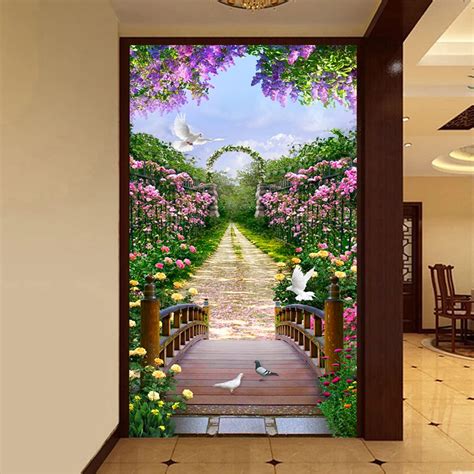 Custom 3d Photo Wallpaper European Style Rose Flower Small Road Scenery
