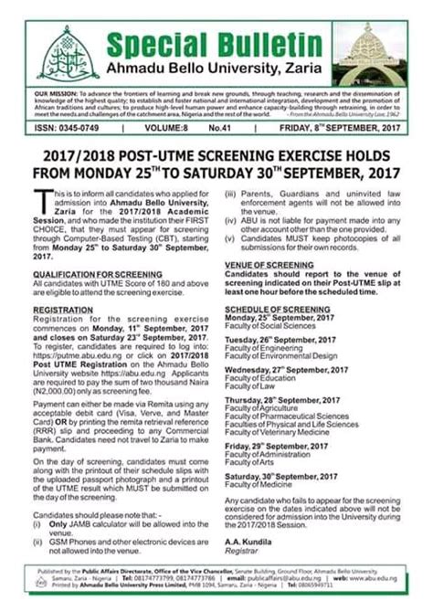 Ahmadu Bello University Zaria Post Ume 2017 Registrationexamination