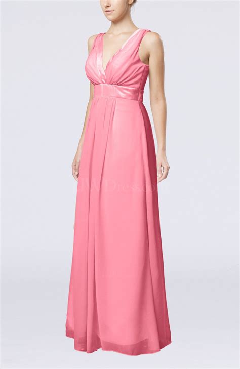 Pink Plain V Neck Zip Up Chiffon Sash Bridesmaid Dresses
