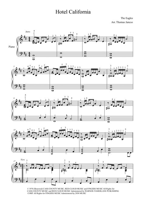 Hotel California Arr Thomas Jancso By Eagles Sheet Music For Piano