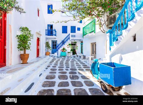 Mykonos Greece Wiew Of Whitewashed Cycladic Street In Beautiful