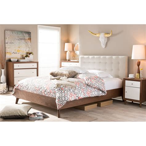This upholstered platform bed comes in three colors: Wholesale Interiors Baxton Studio Upholstered Platform Bed & Reviews | Wayfair