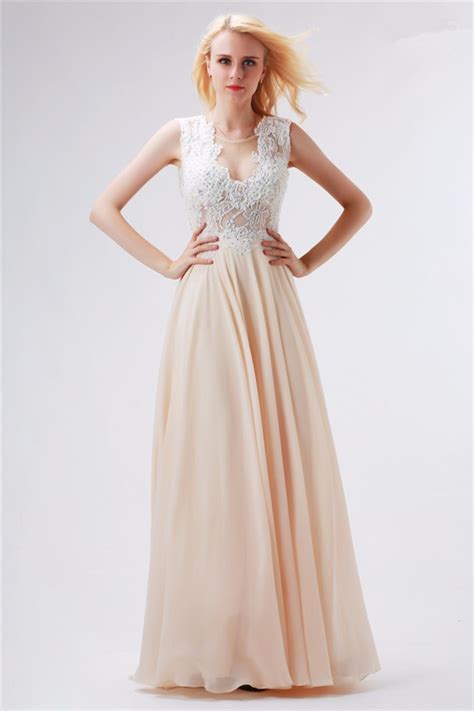Sexy See Through Neckline Open Back Long Champagne Chiffon
