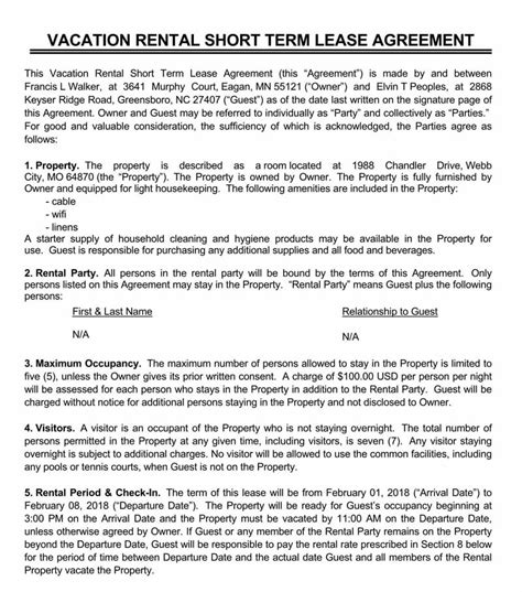Free Short Term Vacation Rental Agreement Templates