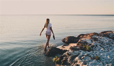 Women Outdoors Women Model Sunset Sea Bay Water Rock Shore