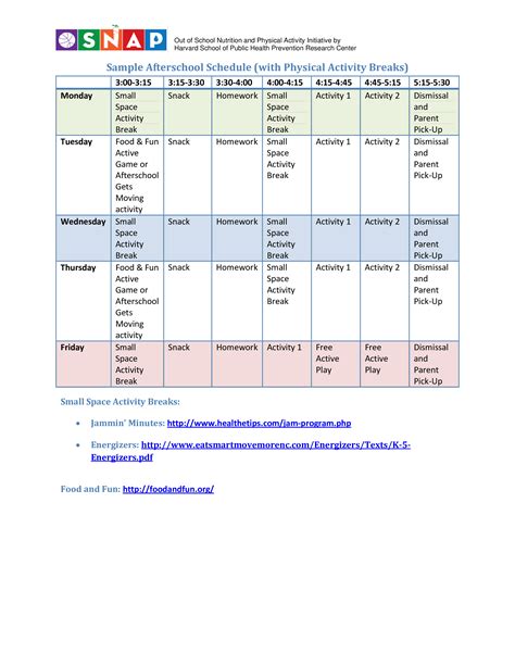 An Image Of A Timetable For The Schools Physical Activity Schedule