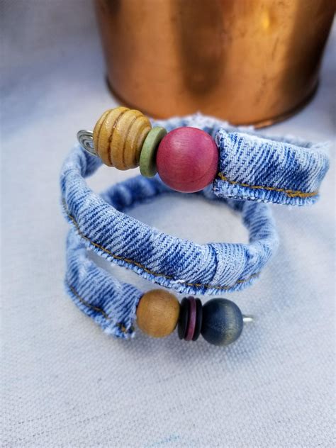 One Of A Kind Recycled Denim Bracelet Using Blue Jean Hem Etsy