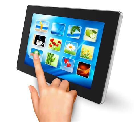 Premium Vector Hand Holding Touch Pad Pc And Finger Touching It S