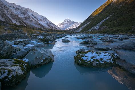 Evening Blues Shades Of Blue In Hooker Valley New Zealand As The Sun