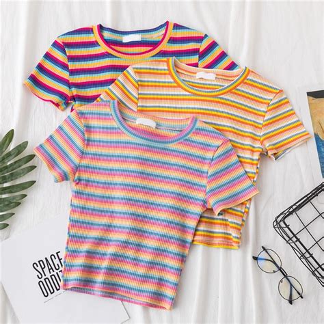 Fashion Cute Women Rainbow Striped Tops Harajuku Tshirt Summer Short Sleeve Korean T Shirt