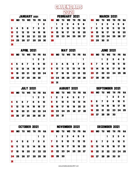 Calendar mockup design in black and white colors, holidays in red colors, week starts on sunday. 56+ Printable Calendar 2021 One Page, Printable 2021 ...