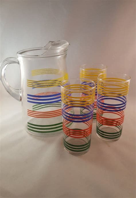 Vintage Striped Pitcher With Glasses