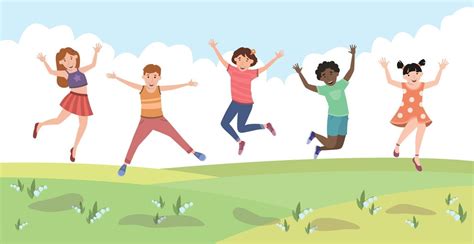 Five Happy Children Jumping For Joy On A Green Lawn Vector 3395652