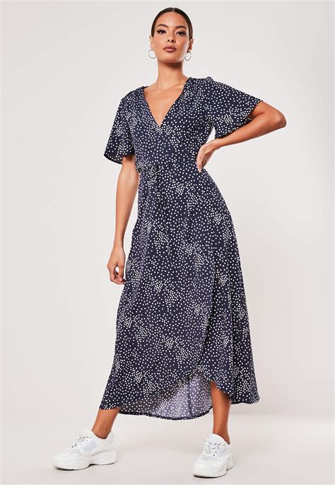 Missguided Synthetic Petite Navy Polka Dot High Low Wrap Midi Dress In