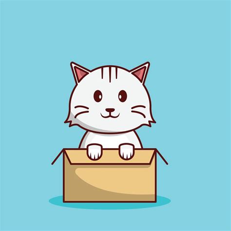 Cute Cat In Box Cartoon Illustration Baby Animal Kitten Flat Style