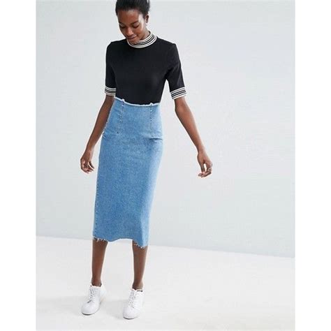 asos denim midi pencil skirt in midwash blue 25 liked on polyvore featuring skirts knee