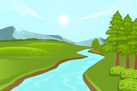 Illustration Of Natural Landscape Of Mountains With Meadows And Rivers
