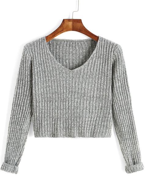 Grey V Neck Long Sleeve Crop Sweater Sheinsheinside Cropped