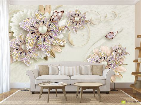 Wall Murals And Digital Wallpaper Multicolored Flowers With Butterflies