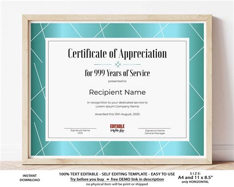 5 Years Of Service Editable Certificate Of Appreciation Etsy In 2022