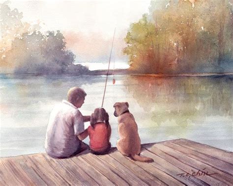Father And Daughter Art Print Of Watercolor Paintinggirl Dog Friend
