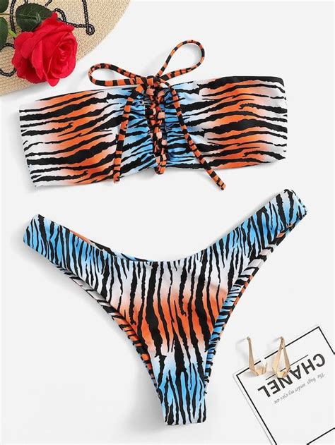 Shein Random Zebra Print Lace Up Bandeau Bikini Bikinis Bandeau Bikini Bandeau