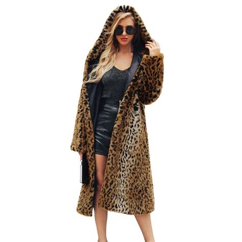 Plus Size 2018 Leopard Long Sleeve Hooded Faux Fur Coat Outwear Sexy Overcoat Womens Jacket