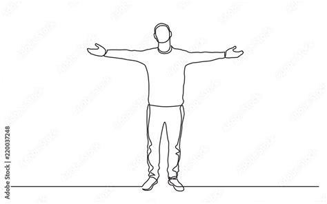 Continuous Line Drawing Of Standing Man Spreading Arms Stock Vector
