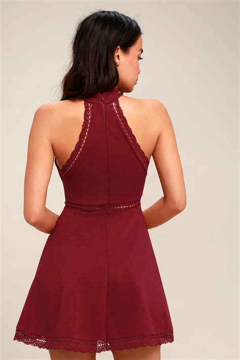 Burgundy Dress Lace Dress Skater Dress Halter Dress