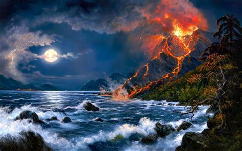 Volcano Mountain Lava Nature Landscape Mountains Fire Artwork Ocean Sea