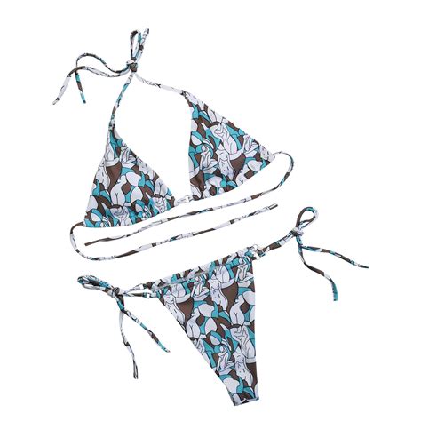 Womens Sexy Triangle Bikini Floral String Bikini Set Two Piece Swimsuit Halter Tie Side Thong
