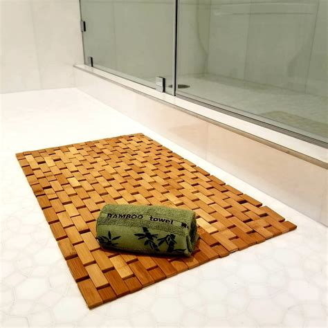 Natural Bamboo Bath Mat And Bamboo Hand Towel Non Slip And Water